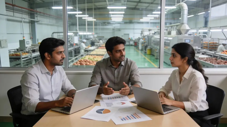Consultants in a meeting beside a window overlooking a food production floor