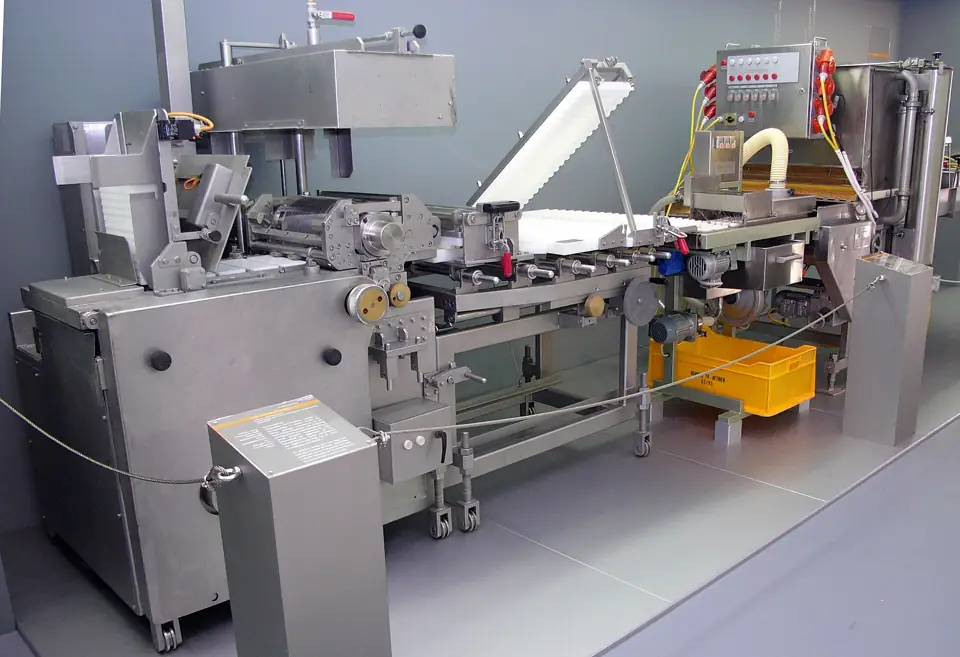 Stainless steel food processing machine on a hygienic factory floor